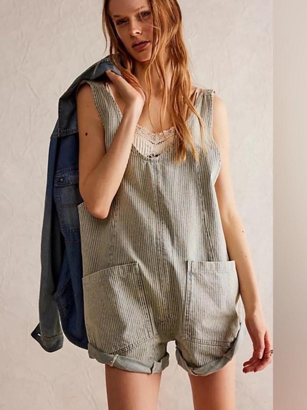 We The Free Blue and White Striped Denim Romper